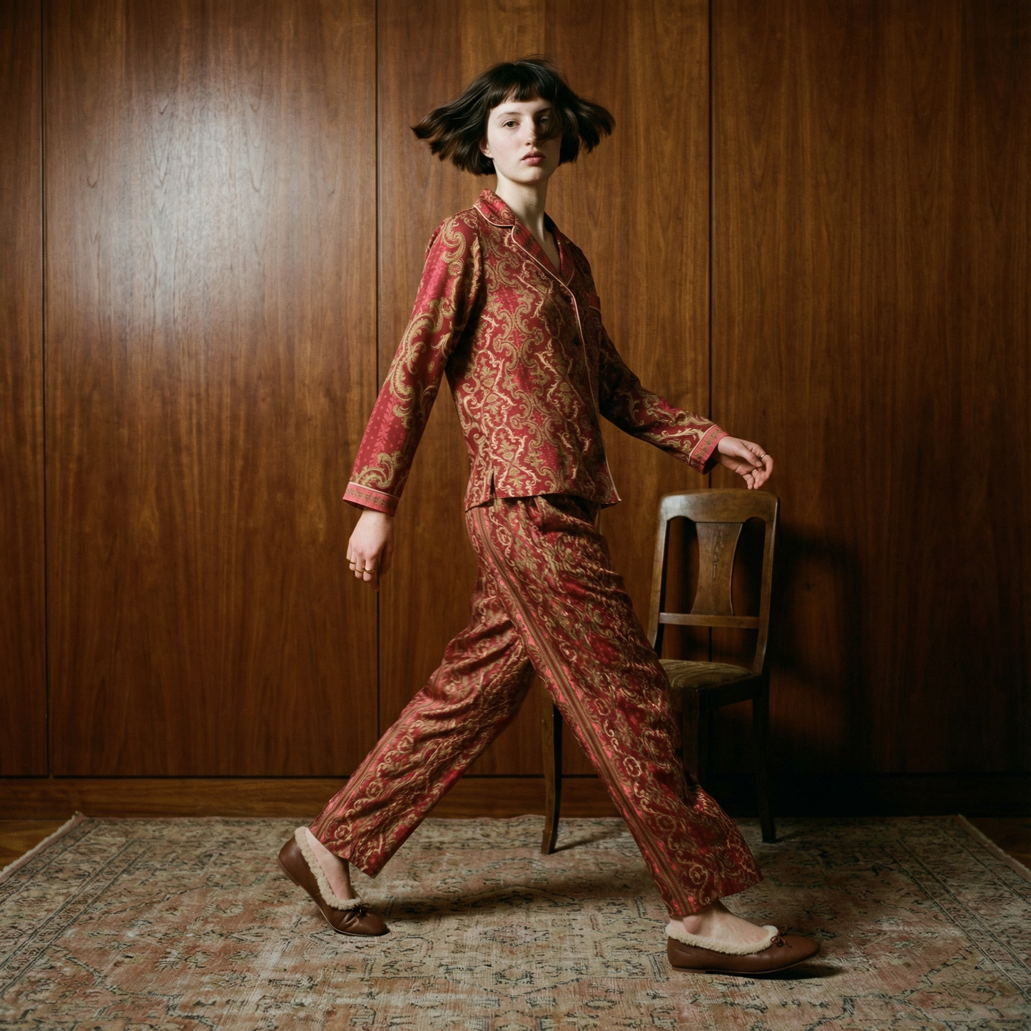 Venetian Damask Silk Pajama Pants in Gilded Crimson