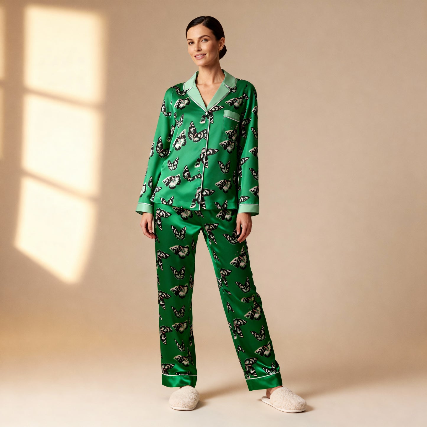 Fluttering Butterflies Silk Pajama Top in Green