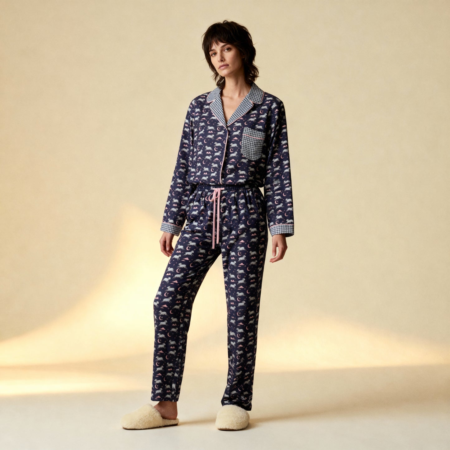 Counting Sheep Flannel Long Sleeve PJ Top in Midnight Houndstooth