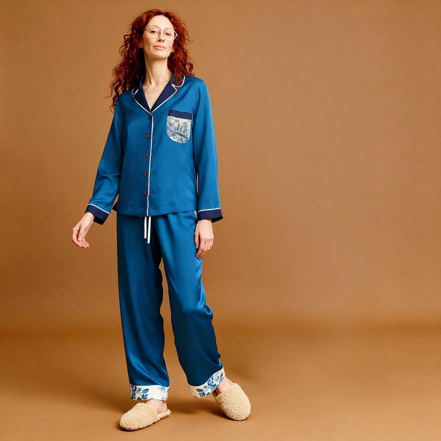 Woodland Wisdom Silk Pajama Shirt in Owl Toile