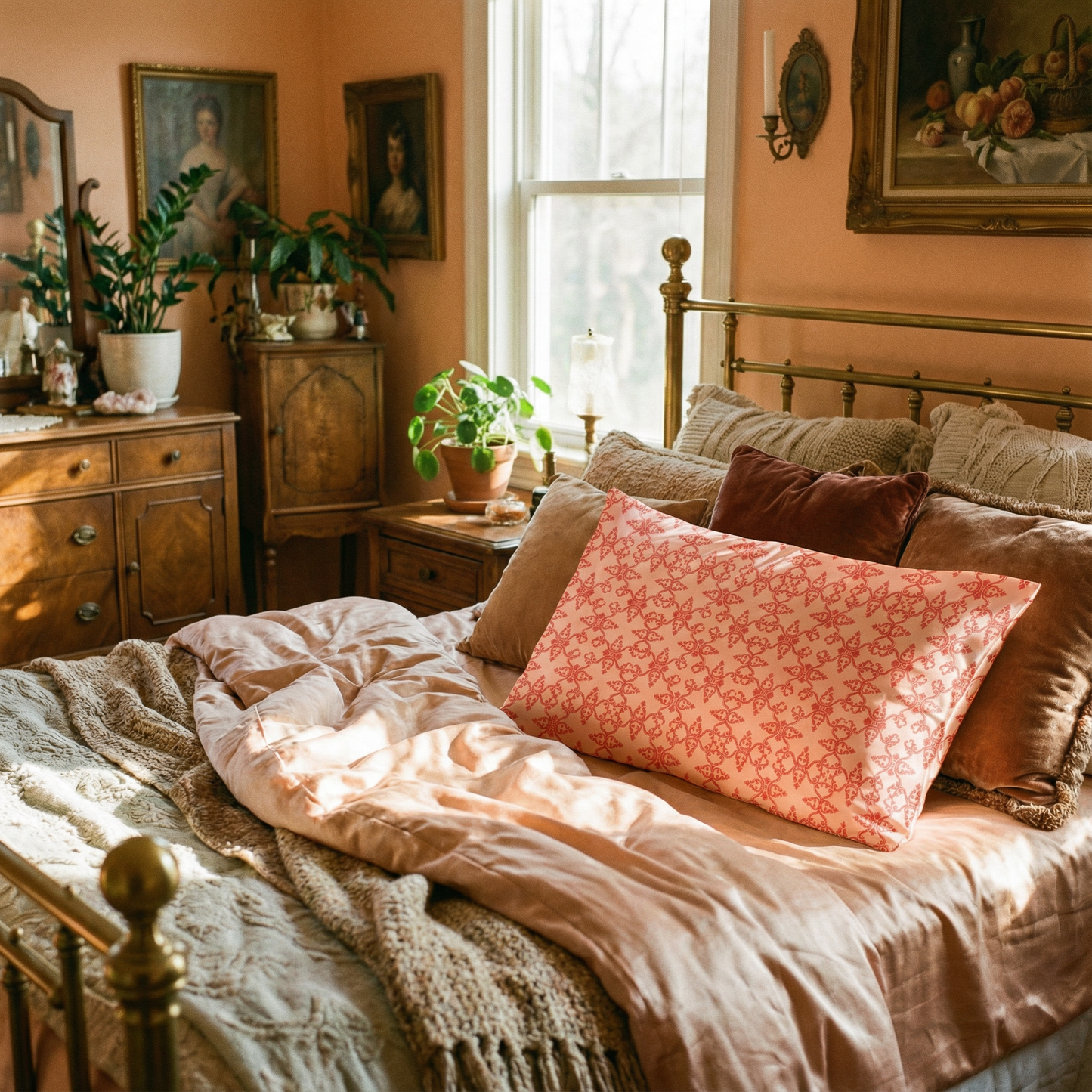Pompadour Silk Pillowcase in Madder Coral