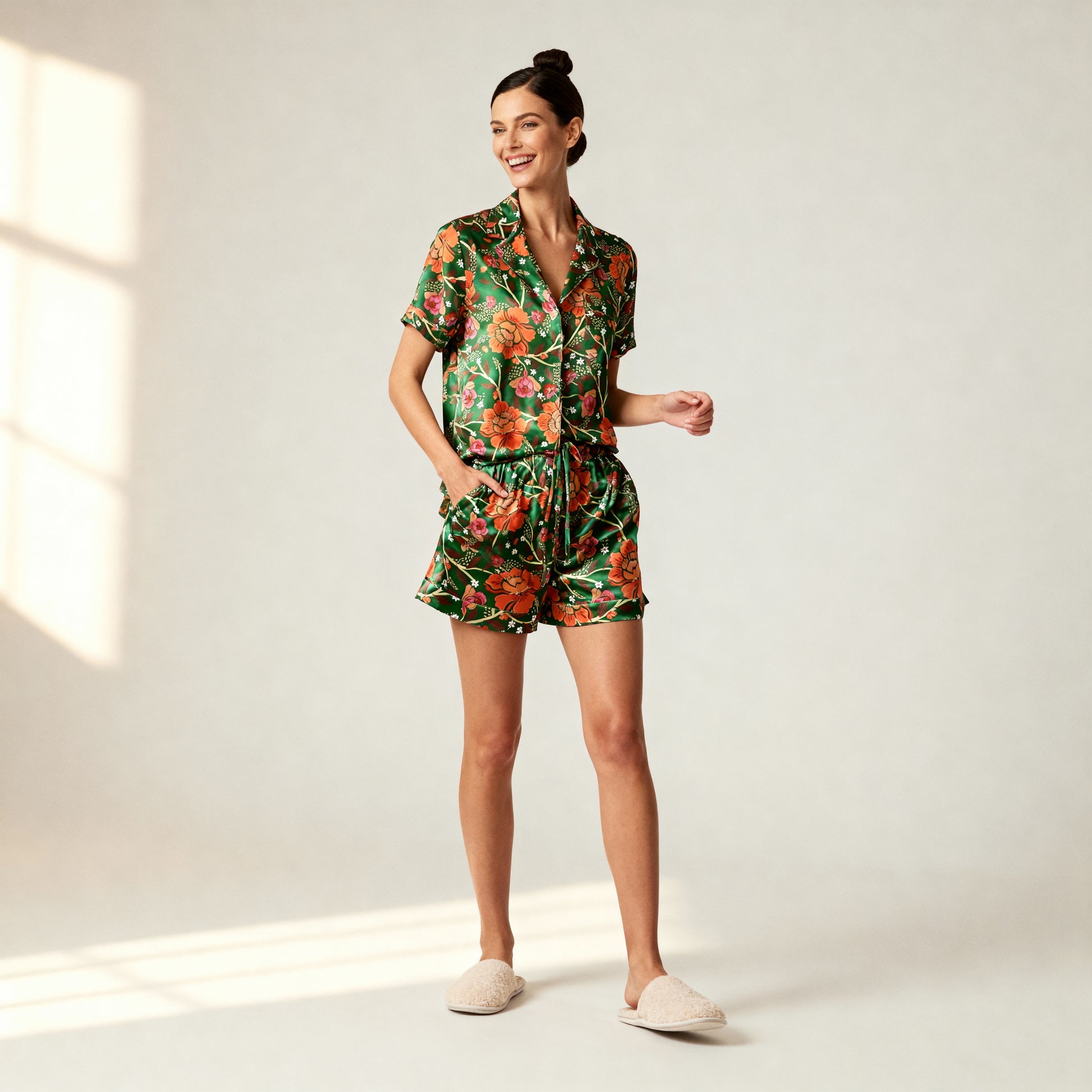 Homegrown Love Silk Short Sleeve Pajama Top in Evergreen