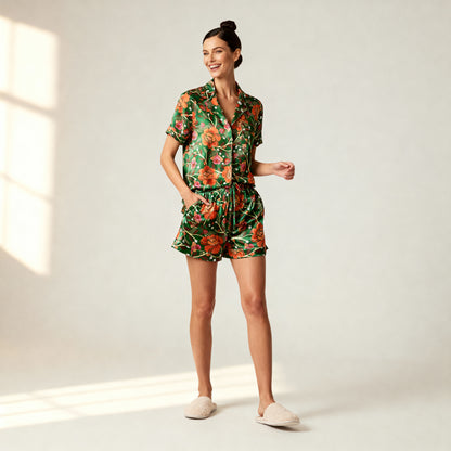 Homegrown Love Silk Short Sleeve Pajama Top in Evergreen