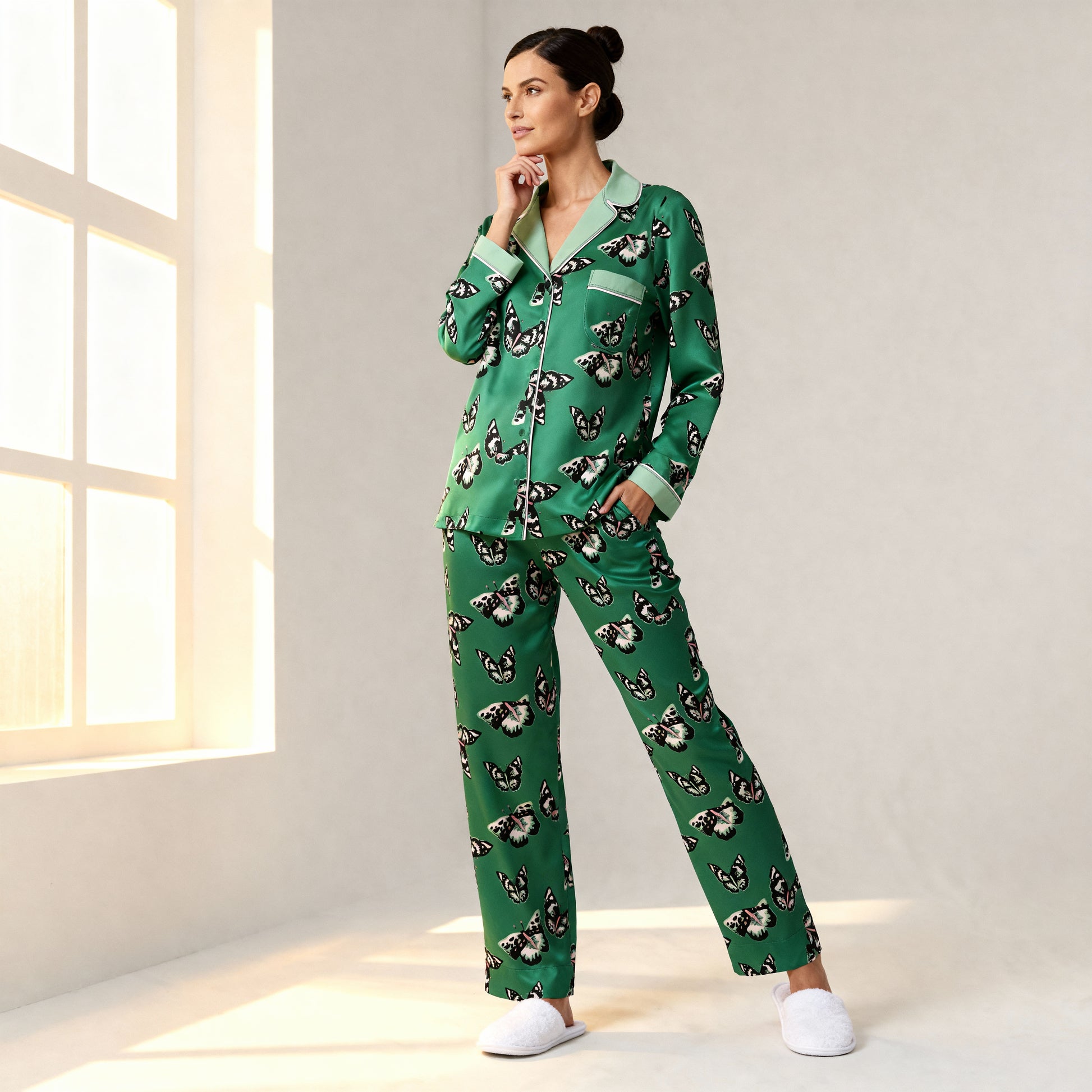 Fluttering Butterflies Silk Pajama Top in Green