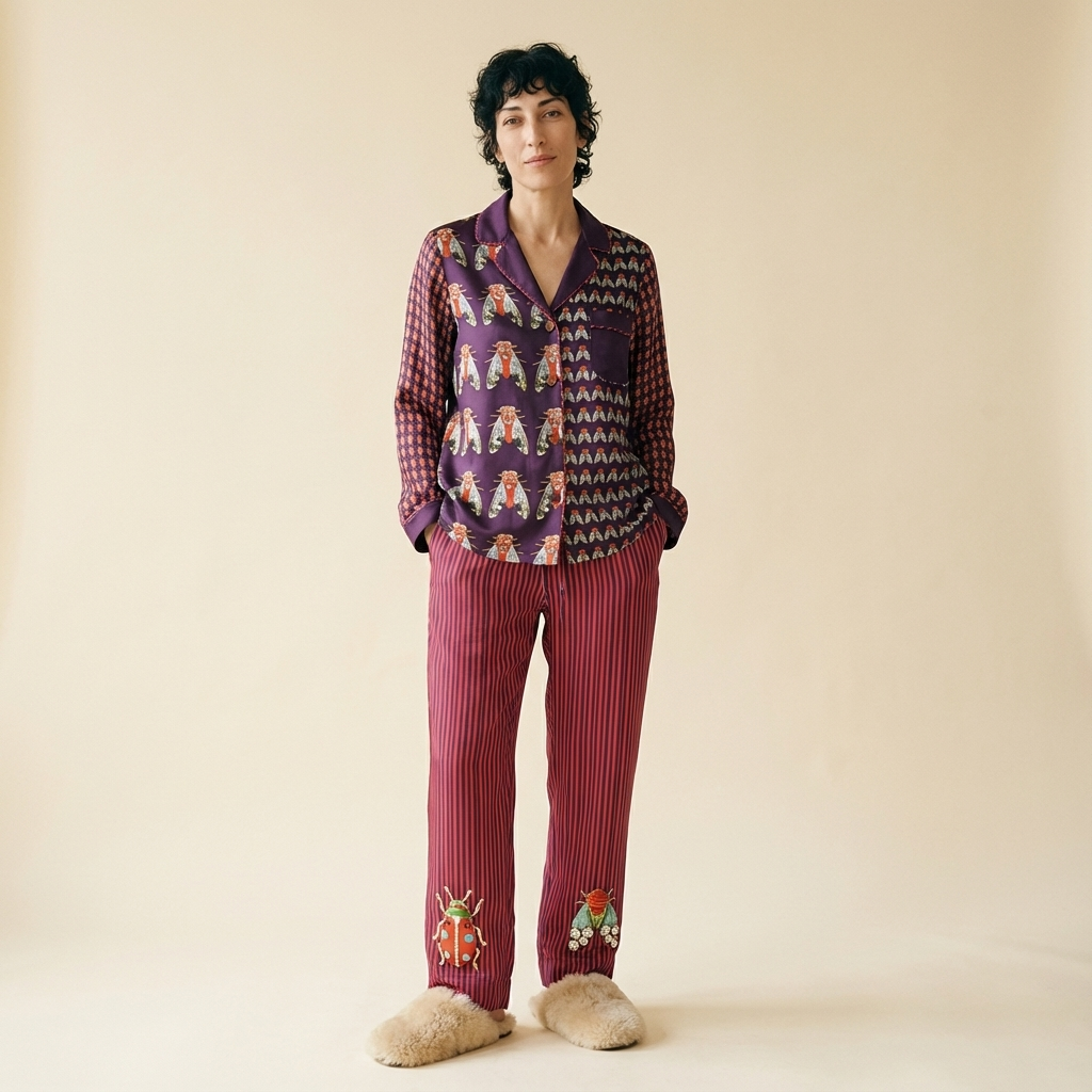 The Entomologist's Garden Silk Pajama Shirt in Jeweled