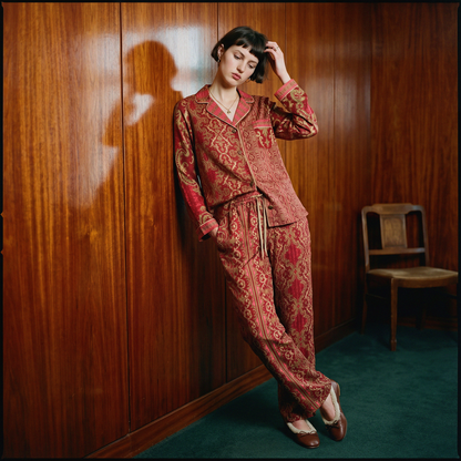 Venetian Damask Silk Pajama Pants in Gilded Crimson