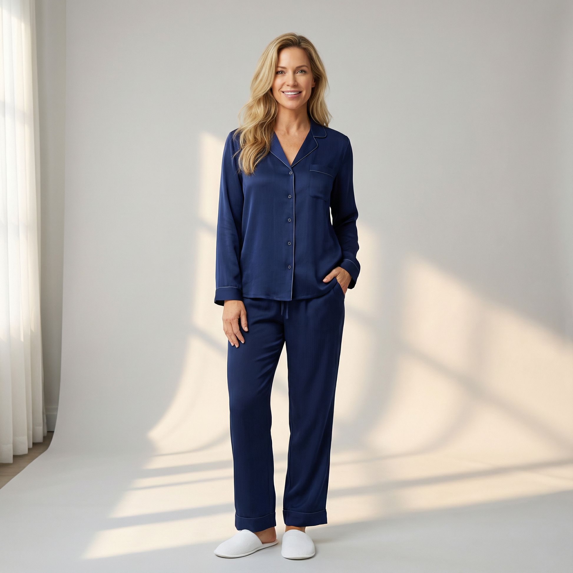 Hotel Stripe Silk Pajama Top in Navy