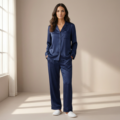 Hotel Stripe Silk Pajama Pants in Navy