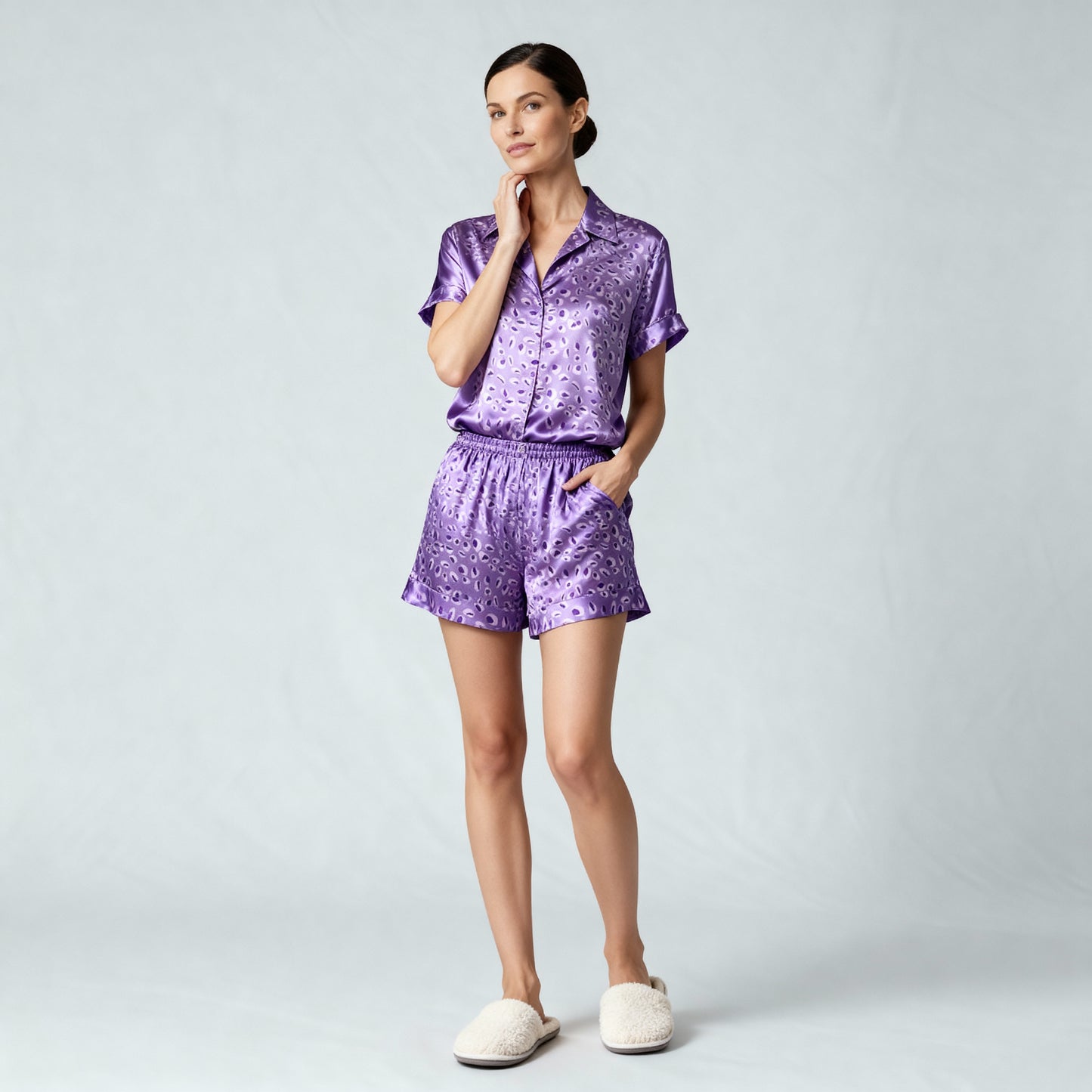 Leopard Silk Pajama Shorts in Dreamy Purple