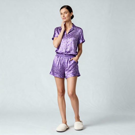 Leopard Silk Pajama Shorts in Dreamy Purple