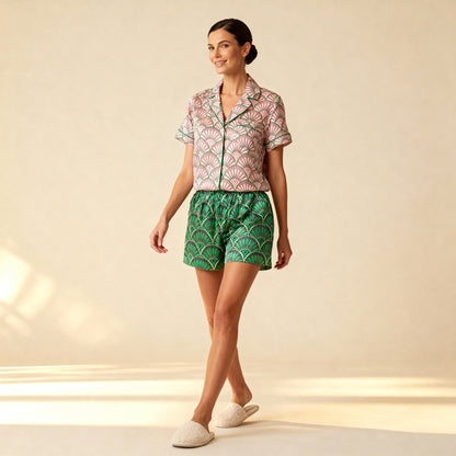 Art Deco Short Sleeve Silk Pajama Top in Bubble Pink