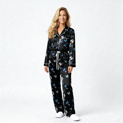 Fluttering Butterflies Silk Pajama Pants in Navy