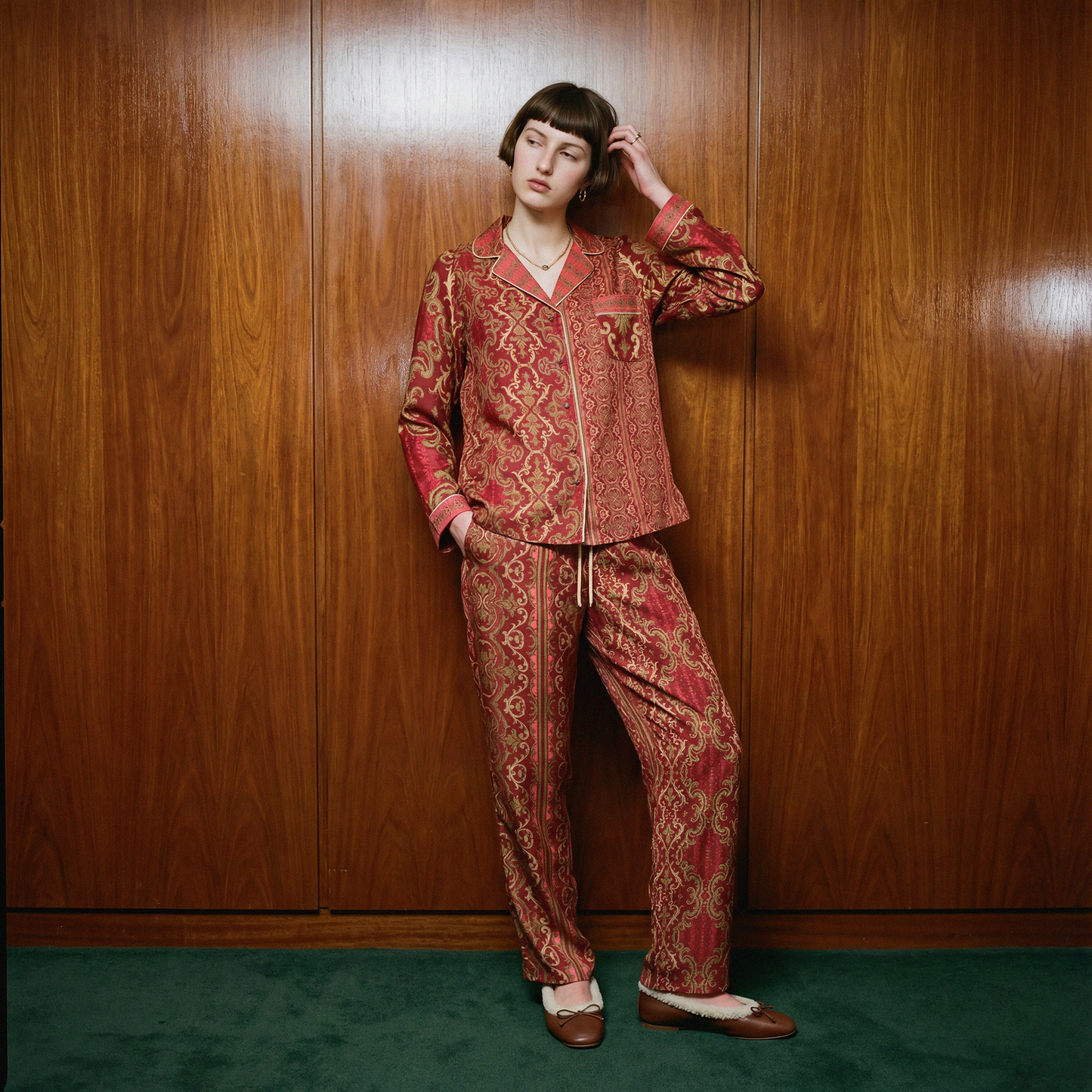 Venetian Damask Silk Pajama Shirt in Gilded Crimson