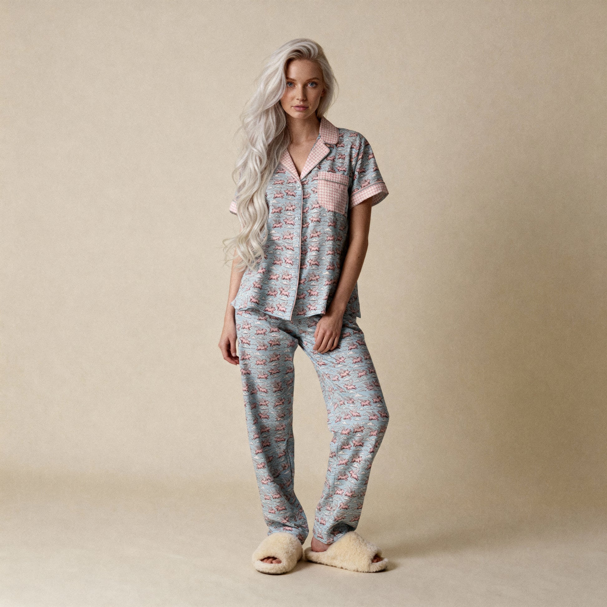 Pigs Fly Flannel Short Sleeve Pajama Top in Lullaby