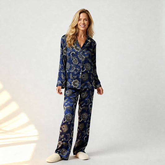 Legacy Lace Silk Pajama Pants in Navy
