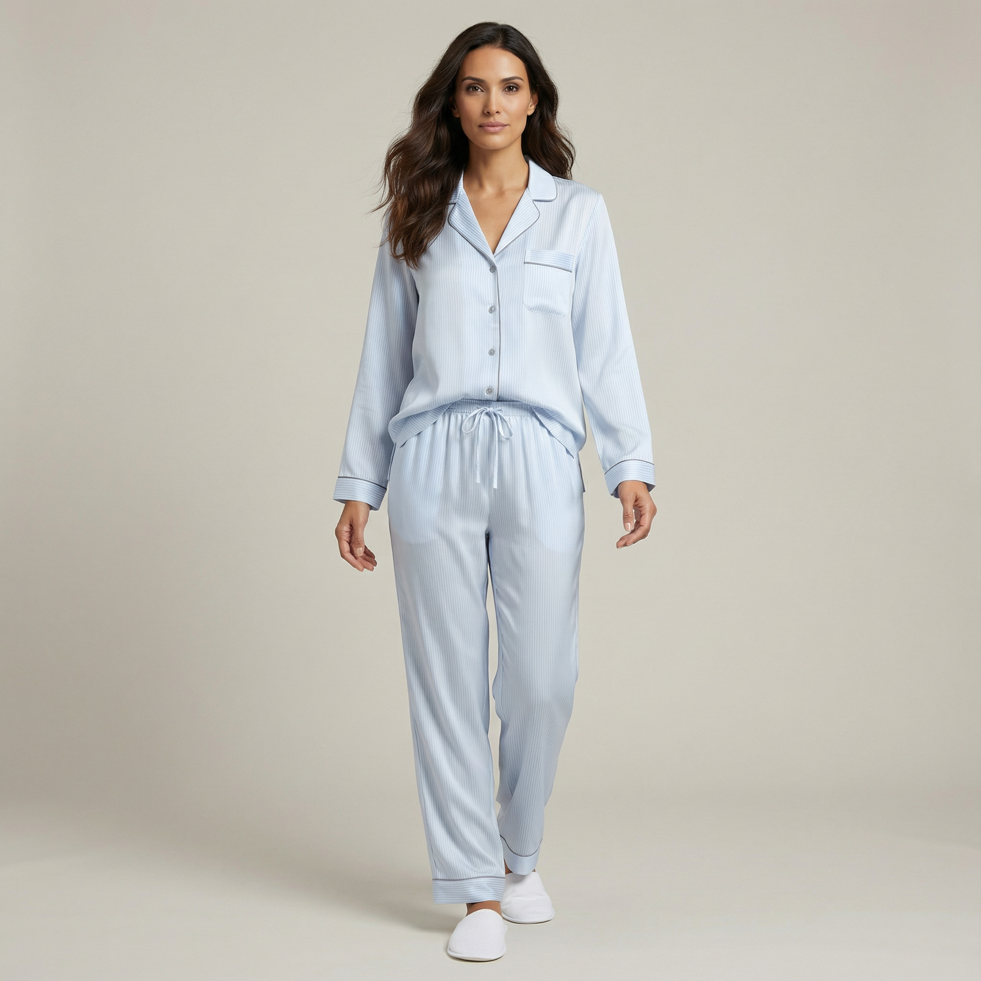 Hotel Stripe Silk Pajama Pants in Sky