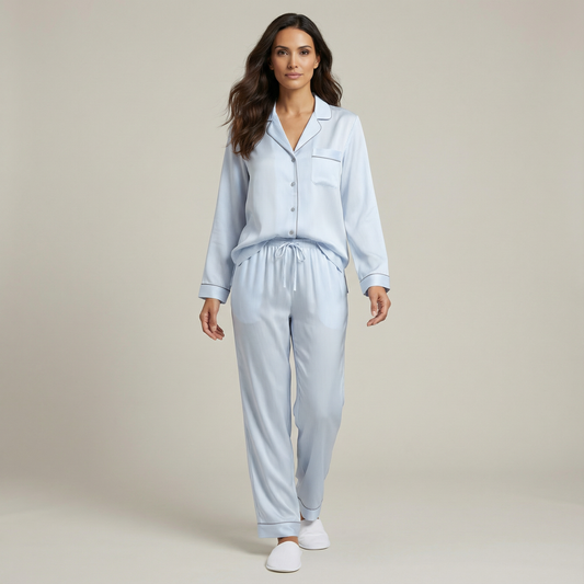 Hotel Stripe Silk Pajama Pants in Sky