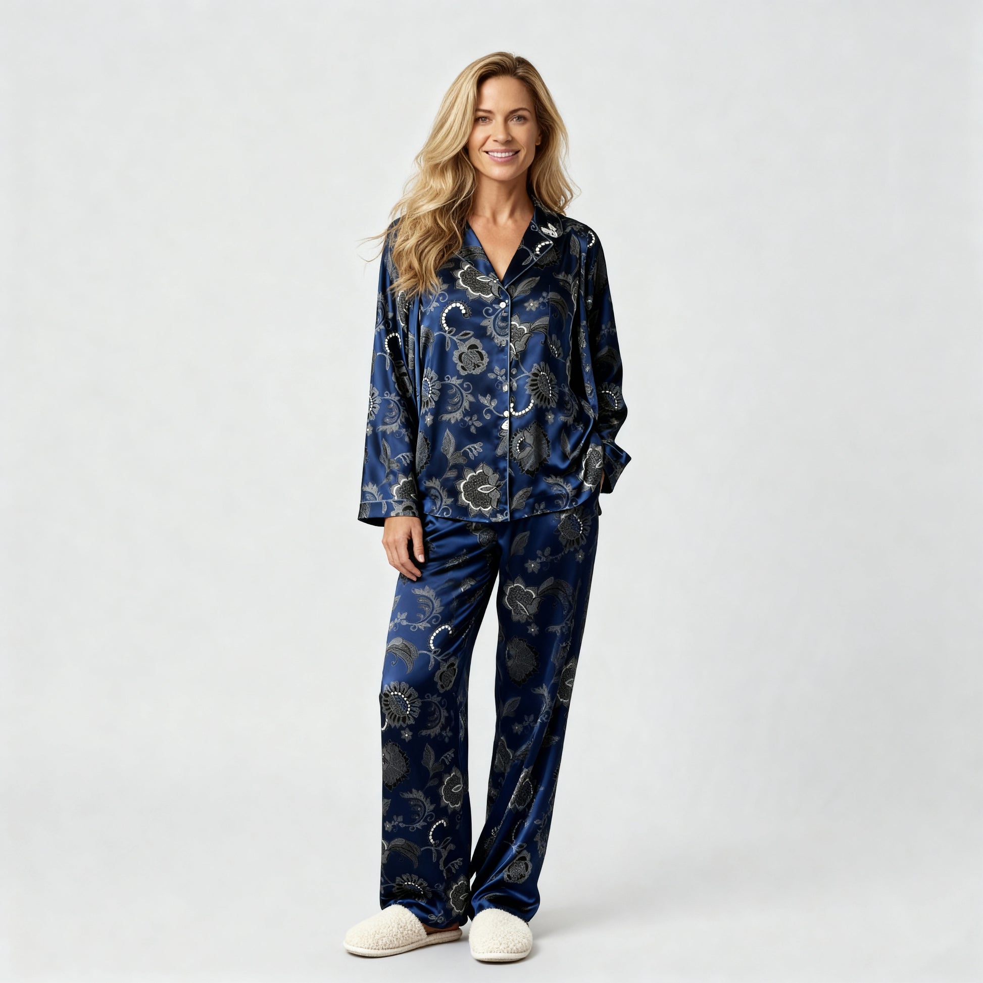Legacy Lace Silk Pajama Top in Navy