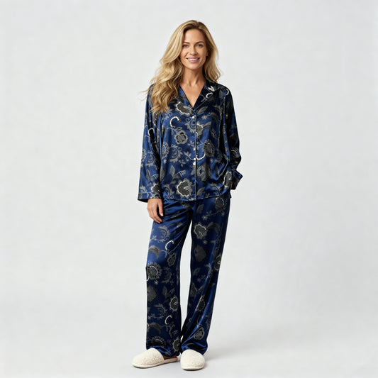 Legacy Lace Silk Pajama Top in Navy