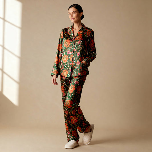 Homegrown Love Silk Pajama Top in Evergreen