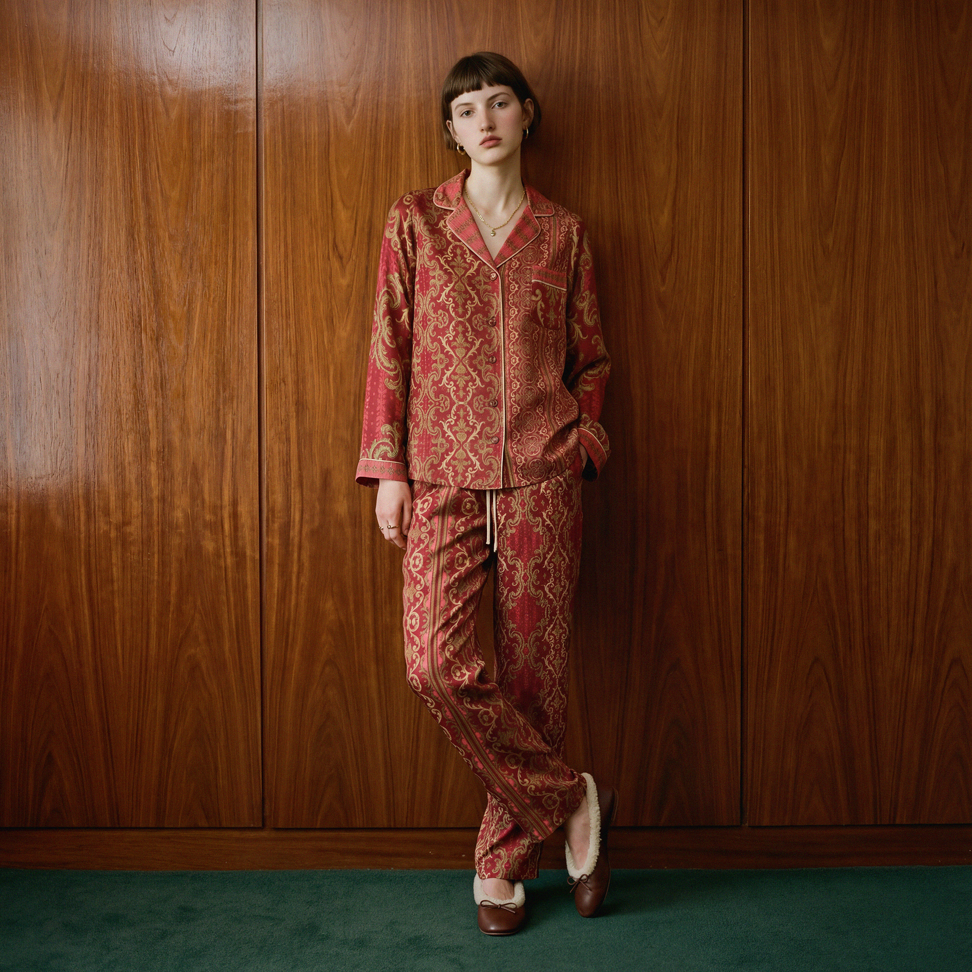 Venetian Damask Silk Pajama Pants in Gilded Crimson