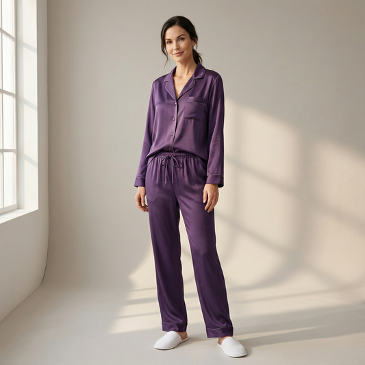 Hotel Stripe Silk Pajama Top in in Plum