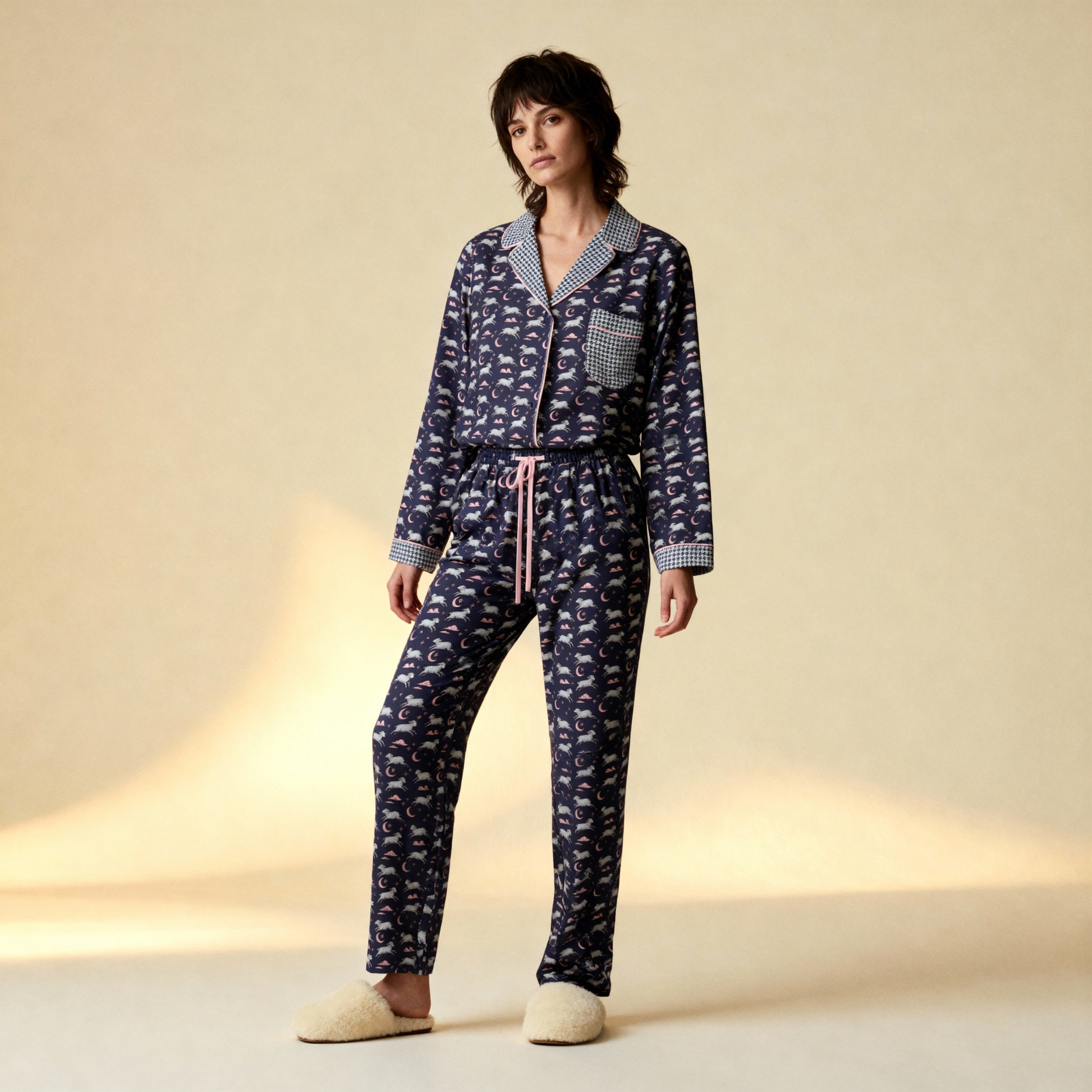 Counting Sheep Flannel Long Sleeve PJ Top in Midnight Houndstooth