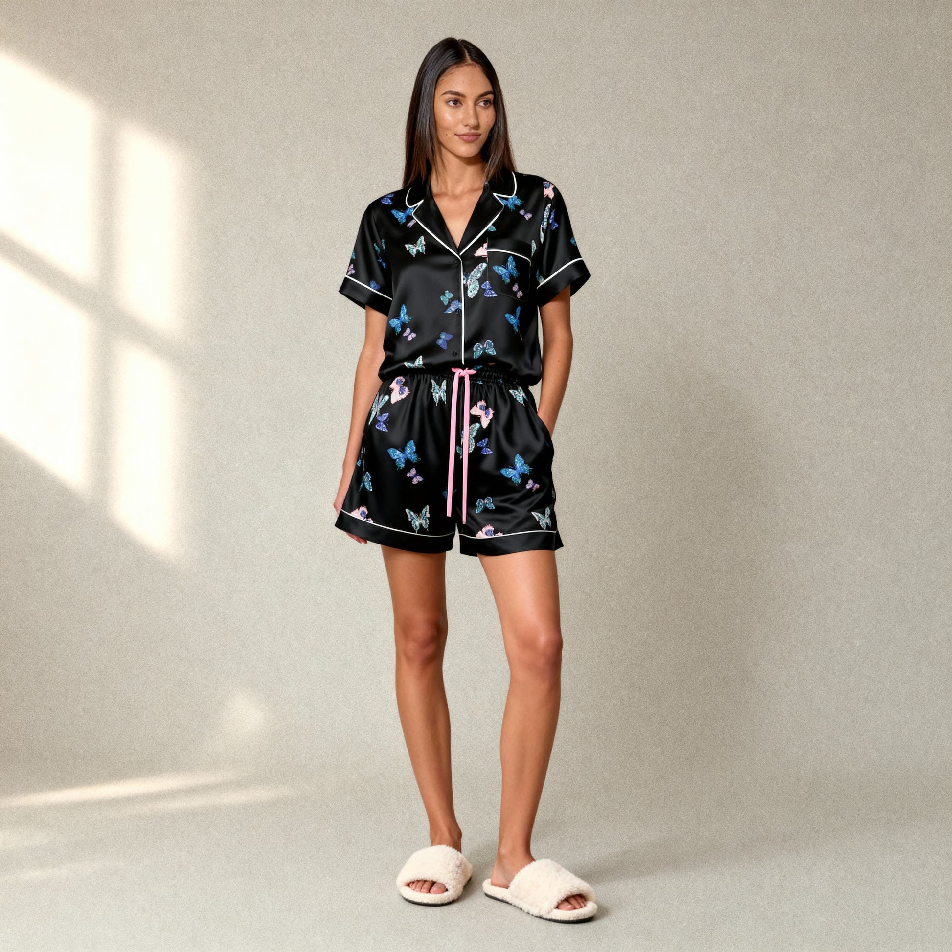 Fluttering Butterflies Silk Short Sleeve Pajama Top in Navy