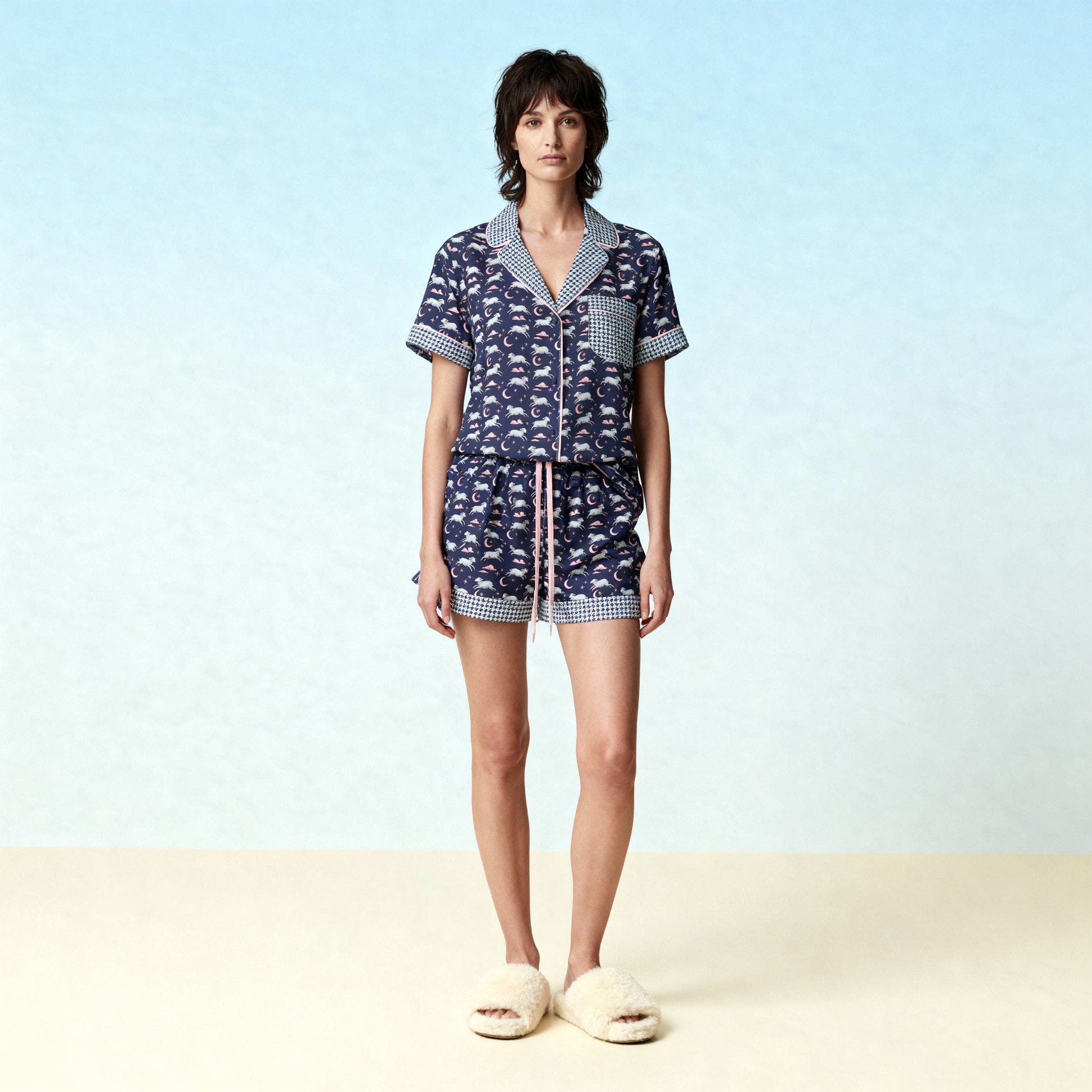 Counting Sheep Flannel Short Sleeve PJ Top in Midnight Houndstooth