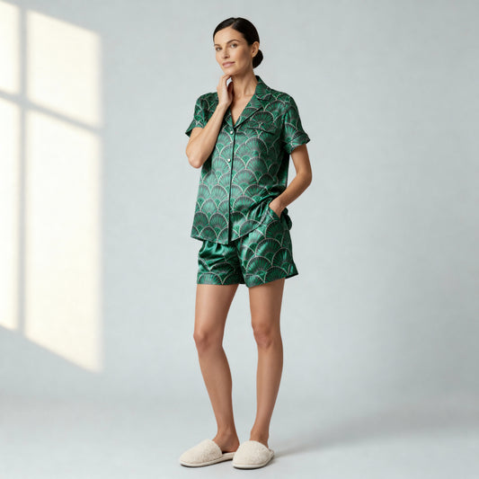 Art Deco Silk Pajama Shorts in Witching Hour