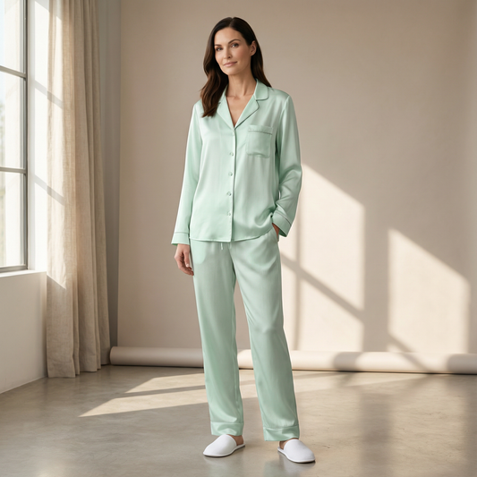 Hotel Stripe Silk Pajama Top in Mint