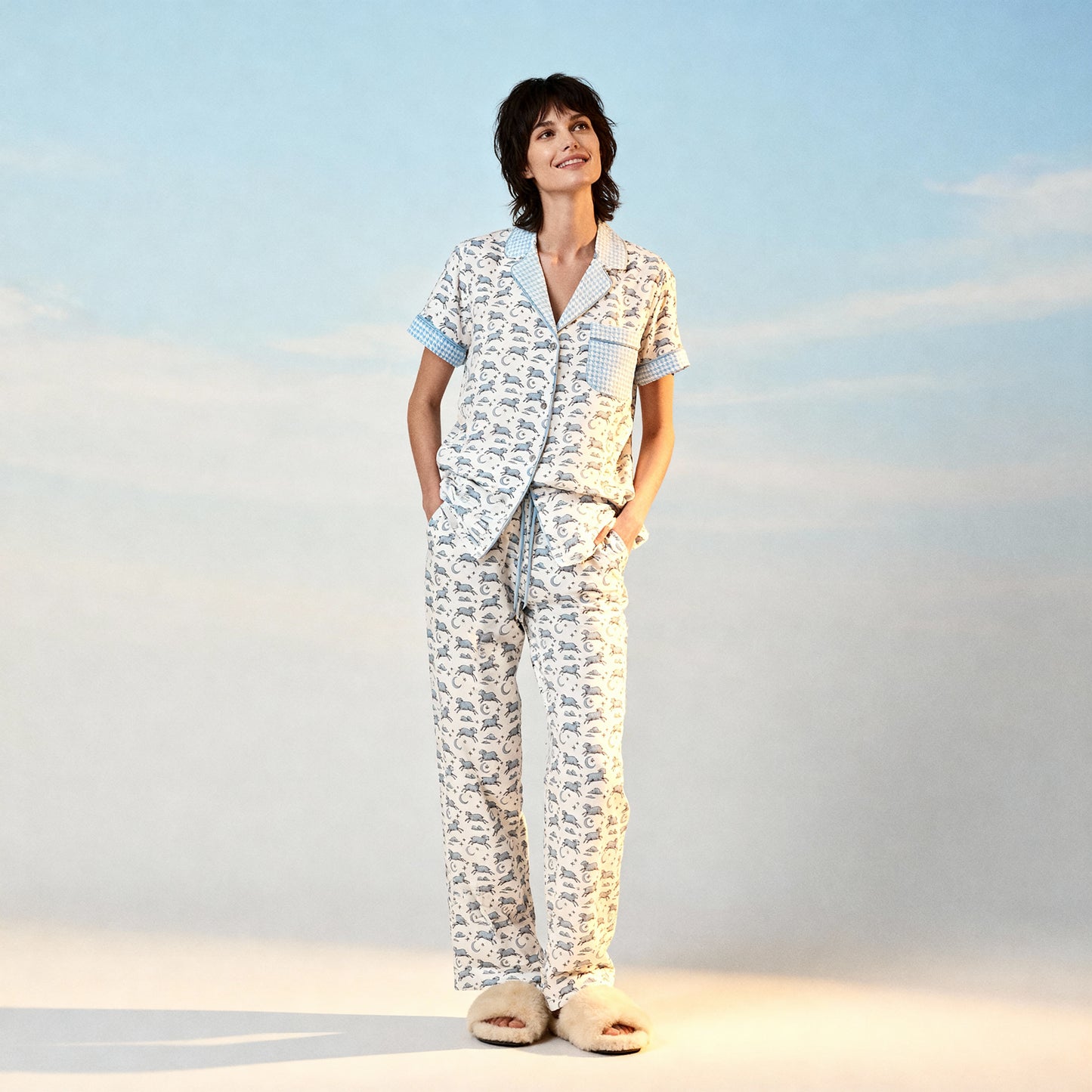 Counting Sheep Flannel Short Sleeve PJ Top in Moonbeam Houndstooth