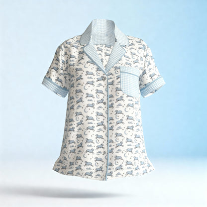 Counting Sheep Flannel Short Sleeve PJ Top in Moonbeam Houndstooth