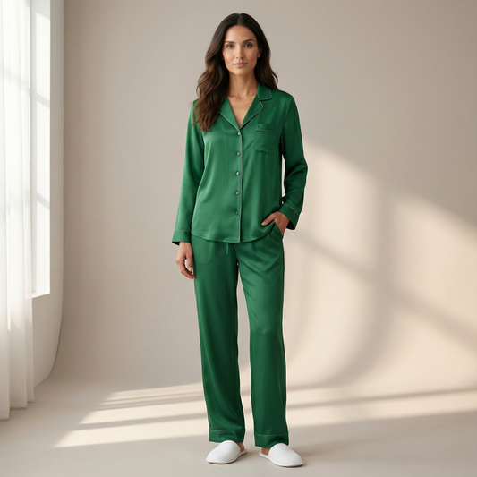 Hotel Stripe Silk Pajama Pants in Emerald