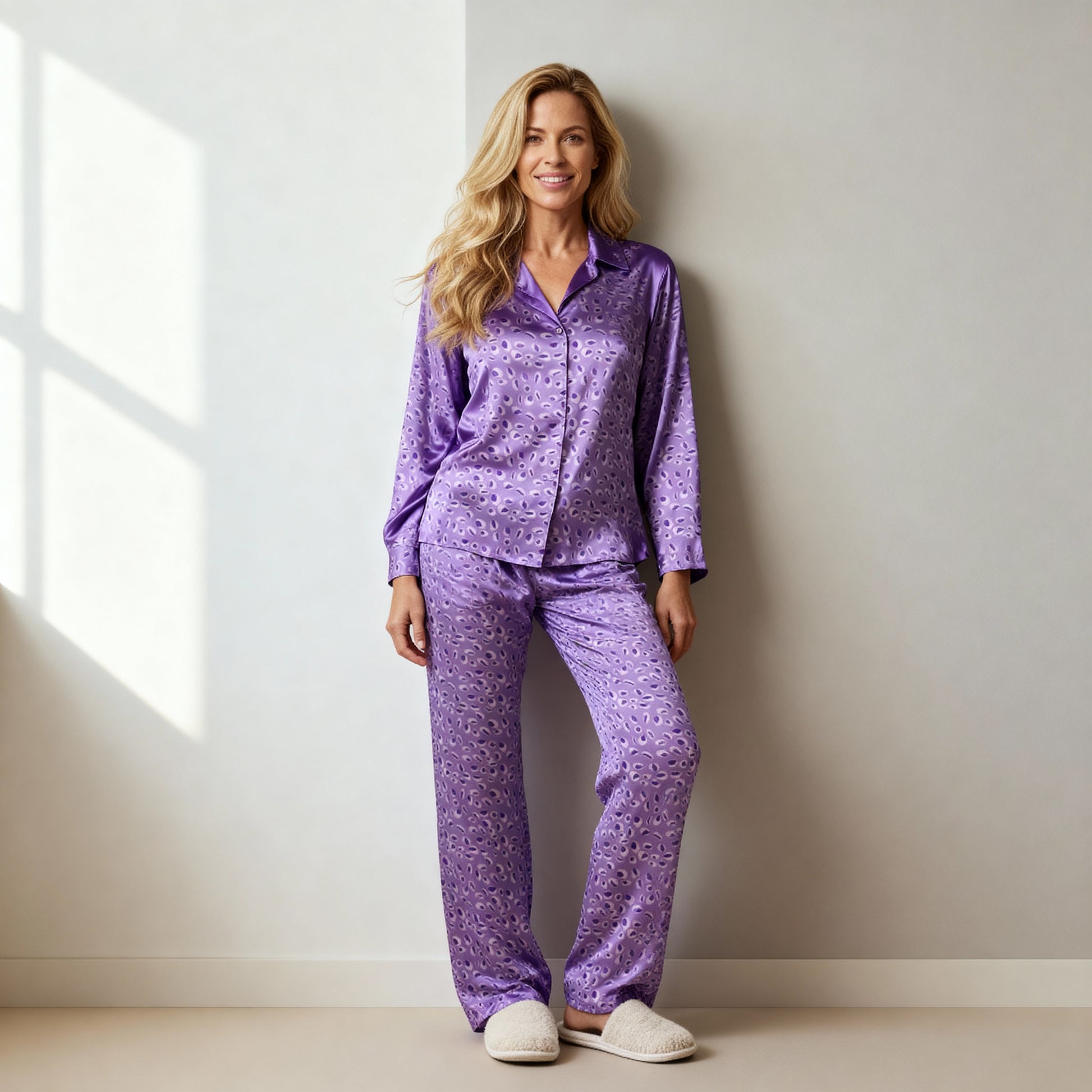 Leopard Silk Pajama Pants in Dreamy Purple
