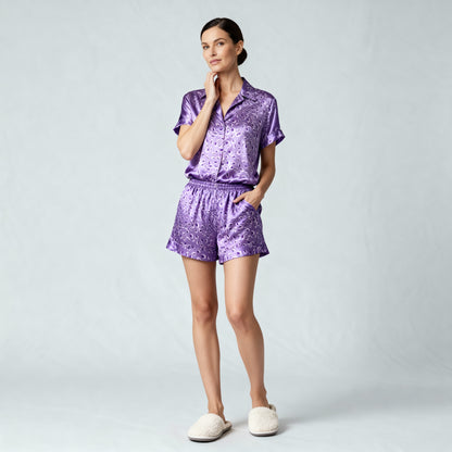 Leopard Silk Short Sleeve Pajama Top in Dreamy Purple