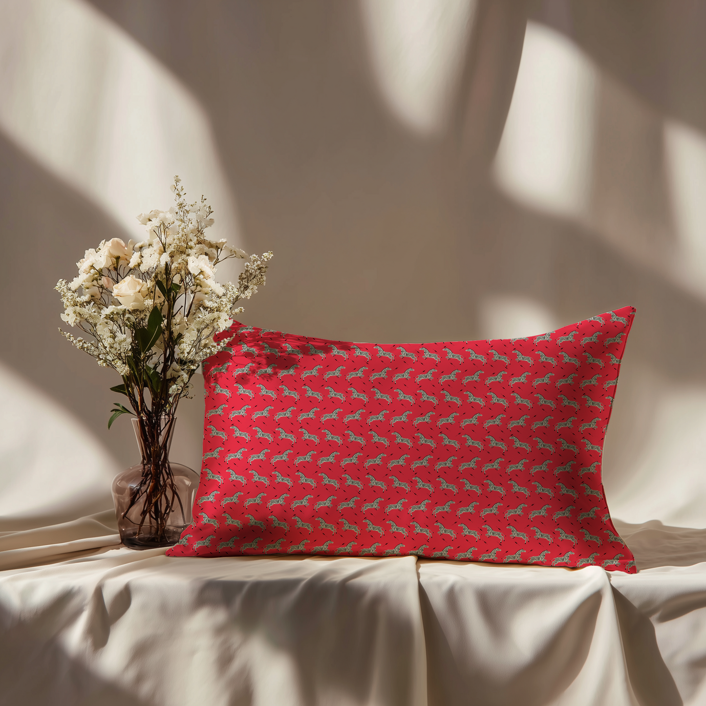Leaping Zebra Silk Pillowcase in Poppy