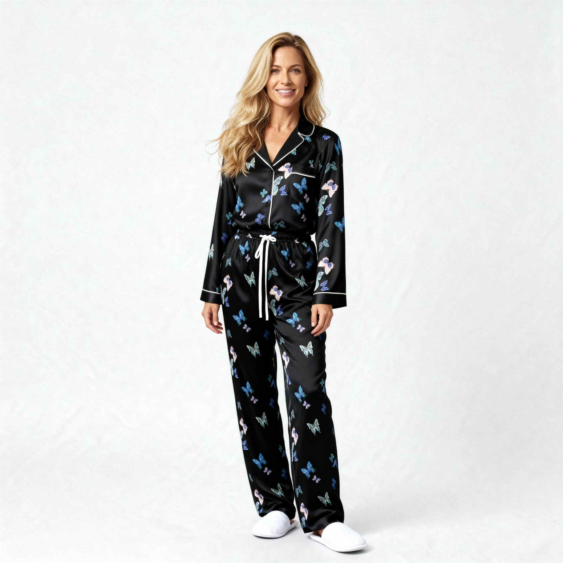 Fluttering Butterflies Silk Pajama Top in Navy