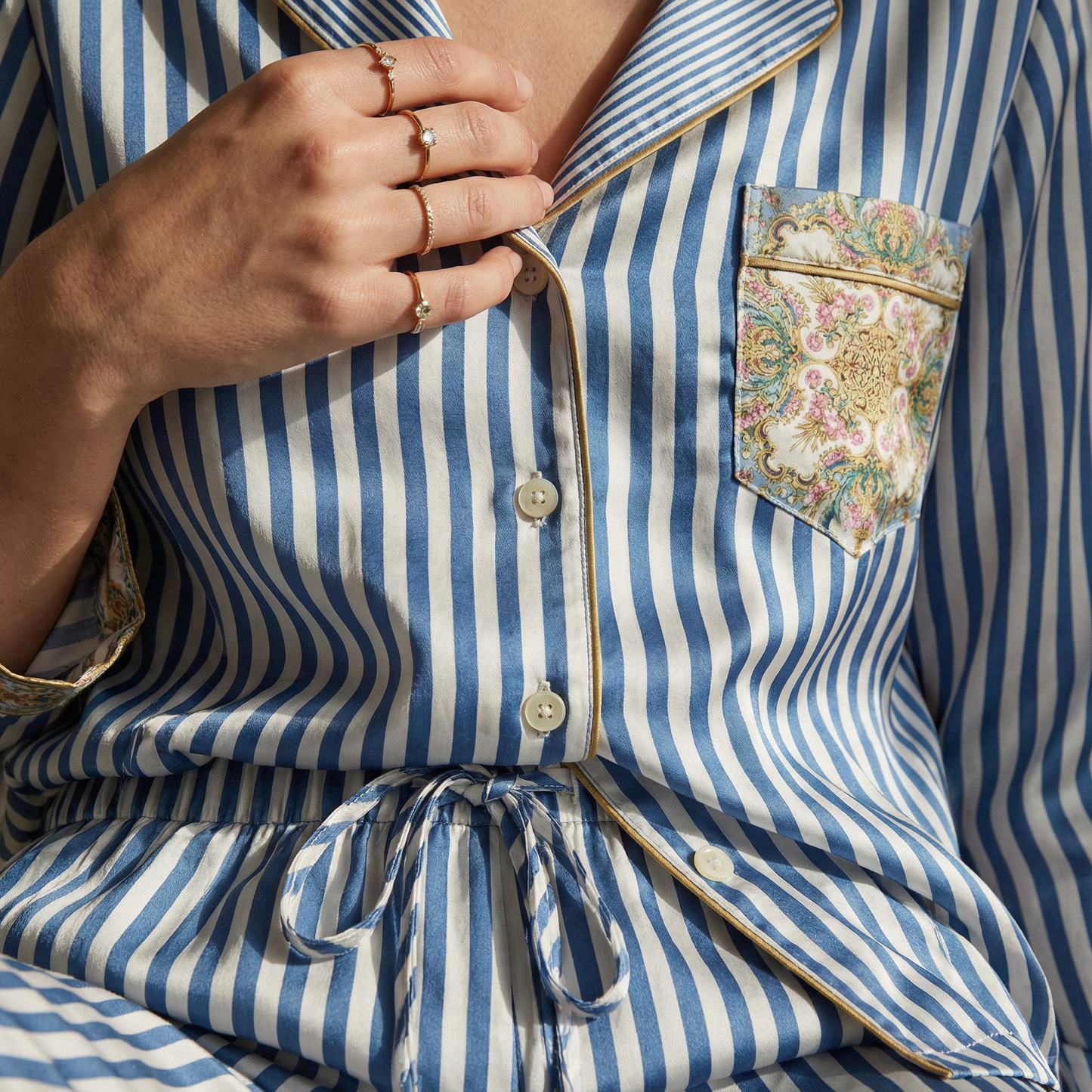 Braquenié Stripe Silk Pajama Shirt in Breakfast