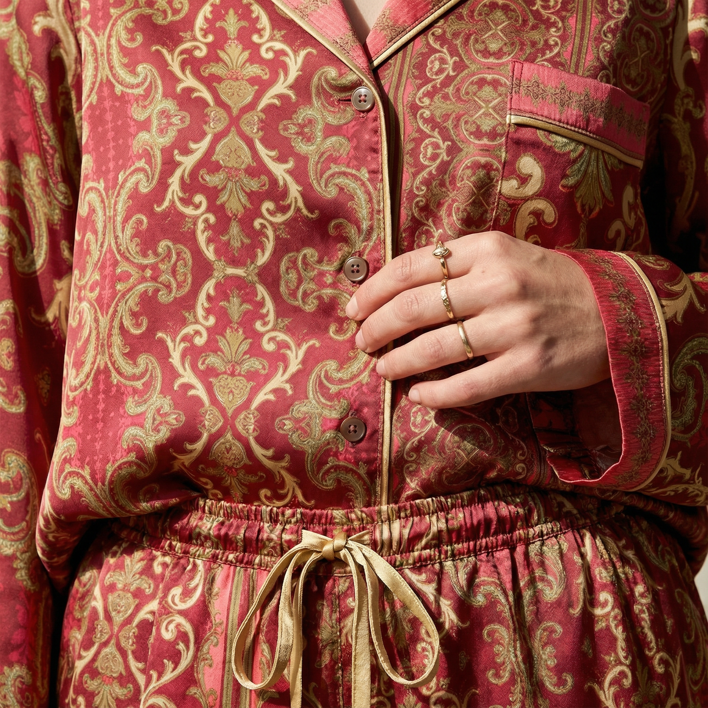 Venetian Damask Silk Pajama Shirt in Gilded Crimson