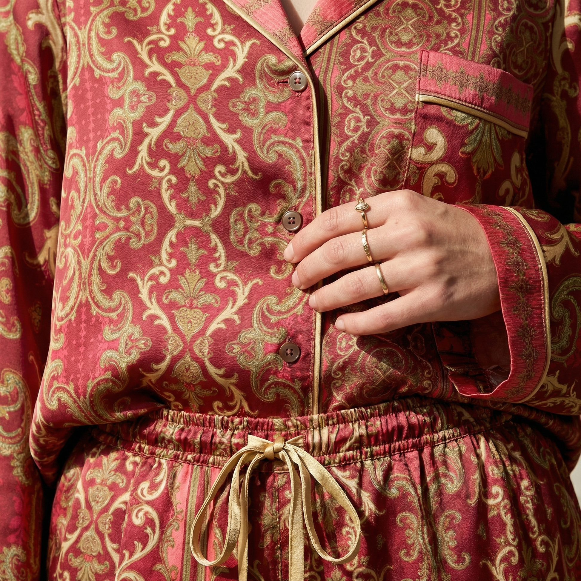 Venetian Damask Silk Pajama Shirt in Gilded Crimson