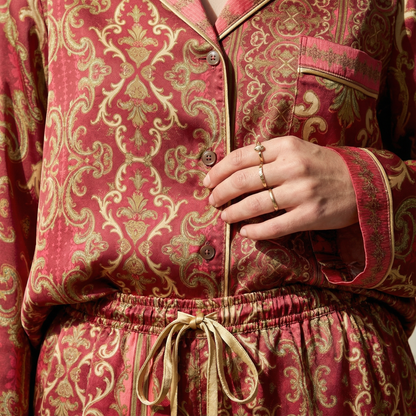 Venetian Damask Silk Pajama Shirt in Gilded Crimson