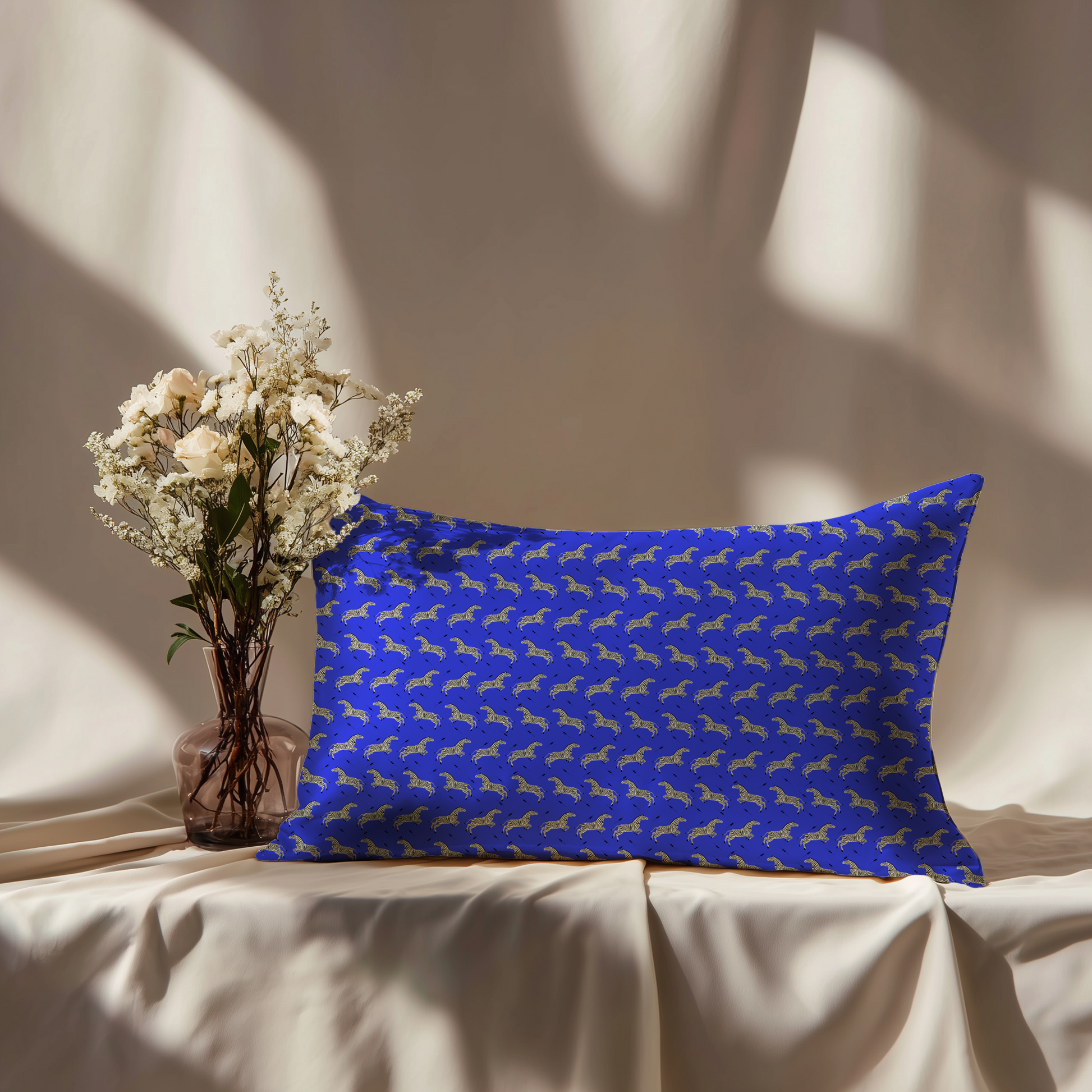Leaping Zebra Silk Pillowcase in Blue
