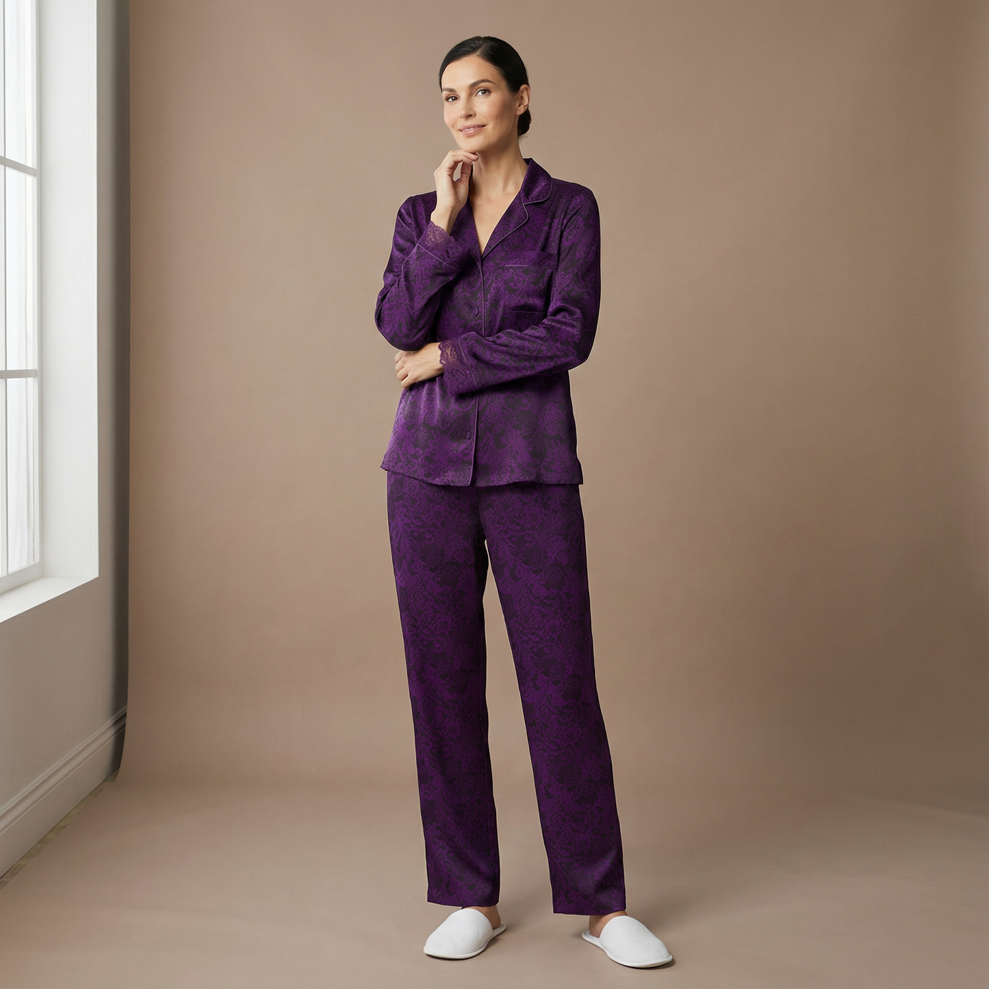 Silk Pajama Pants in Merlot Lace