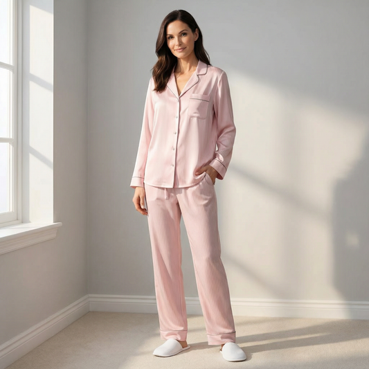 Hotel Stripe Silk Pajama Top in Dusty Rose