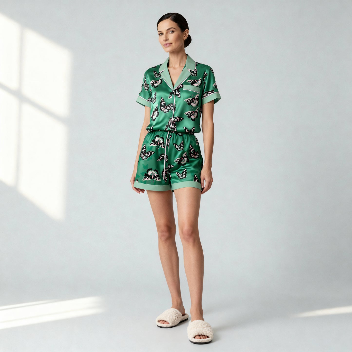 Fluttering Butterflies Silk Short Sleeve Pajama Top in Green