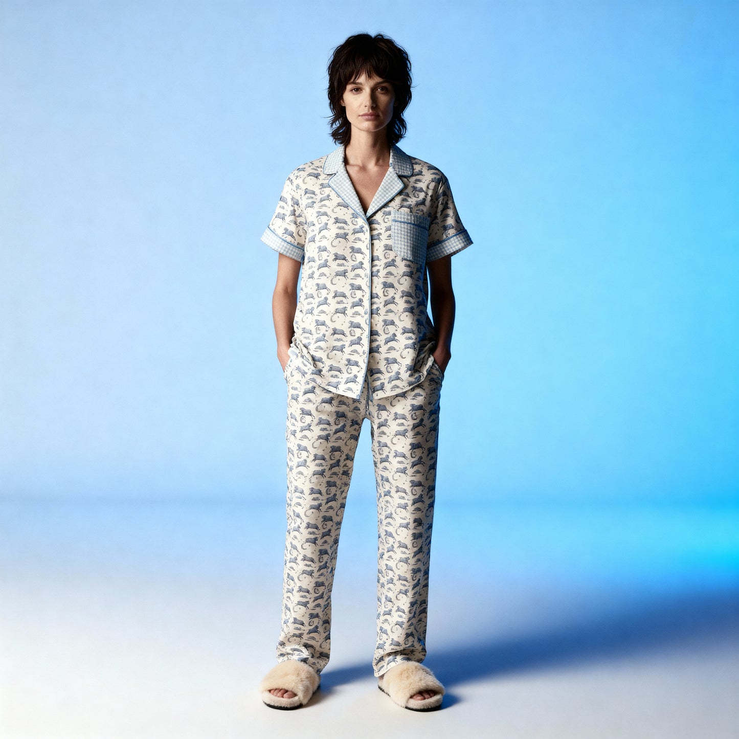 Counting Sheep Flannel Short Sleeve PJ Top in Moonbeam Houndstooth