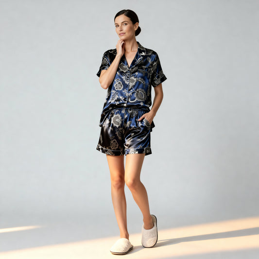 Legacy Lace Silk Short Sleeve Pajama Top in Navy