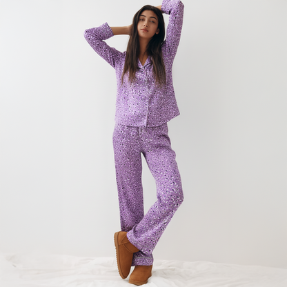 Leopard Silk Pajama Top in Dreamy Purple