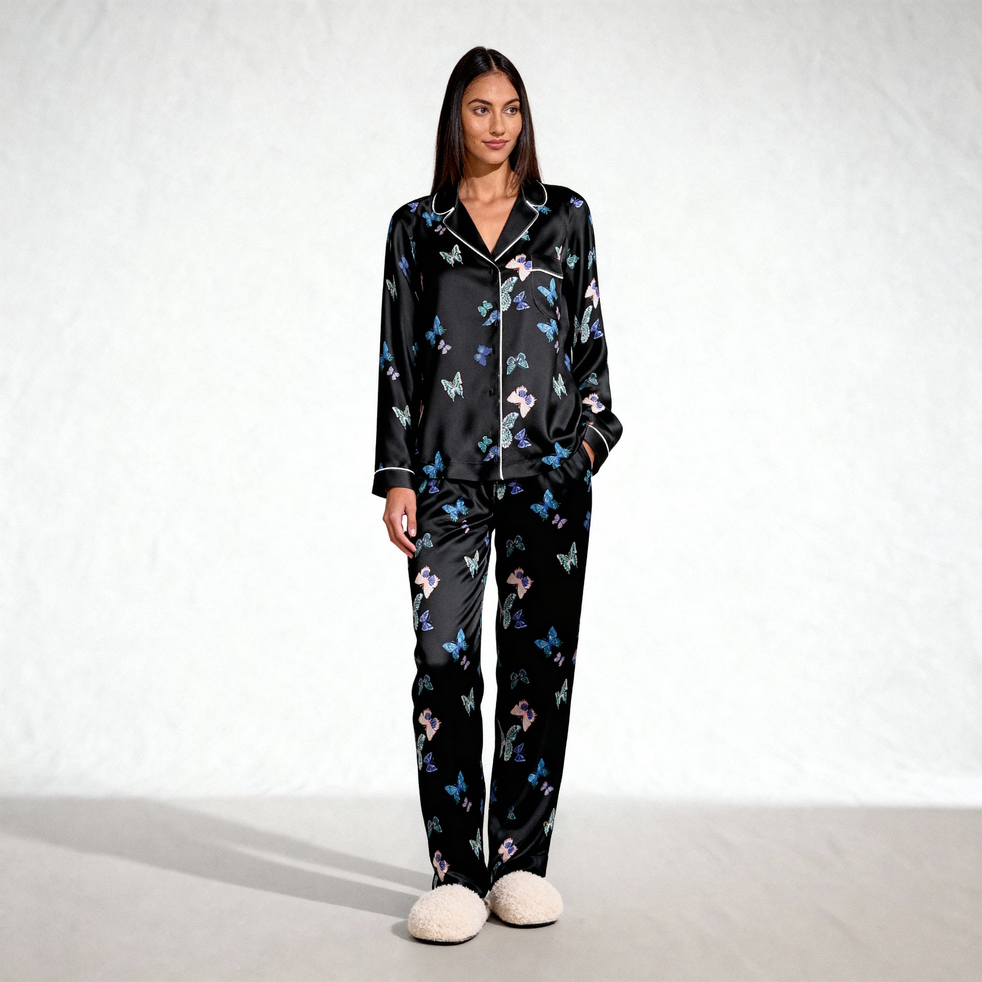 Fluttering Butterflies Silk Pajama Pants in Navy